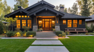 Black modern home in the evening with lights on in the house.