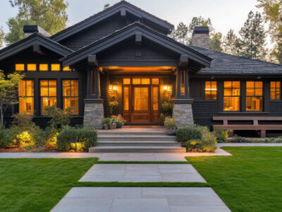 Black modern home in the evening with lights on in the house.