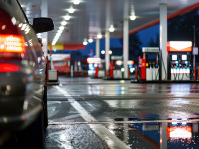 Close up the back of a car pulling into a gas station.