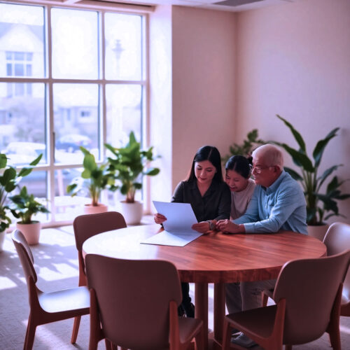 Asian woman going over documents with a couple.